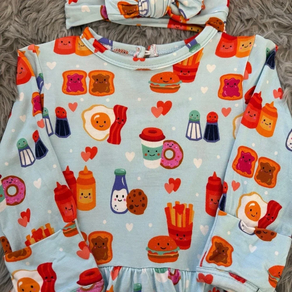 Little Bum Bums Breakfast Buddies Twirl Skirt Onesie‎ + Bow Bamboo 3-6 Months